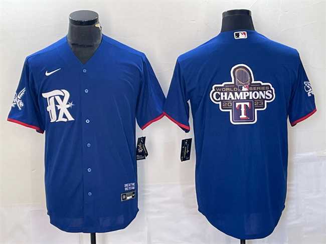 Mens Texas Rangers Royal 2023 World Series Champions Big Logo Cool Base Stitched Baseball Jerseys->texas rangers->MLB Jersey